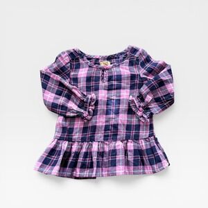 True Craft Toddler Girls Pink Navy Plaid Flannel Peplum Tunic Top Size 2T